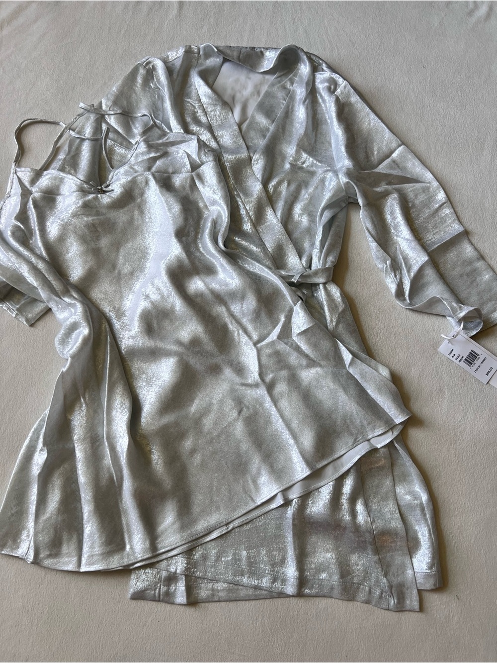New w Tags Linea Donatella Silver Satin Chemise Slip Dress Robe Set Y2K Sleek